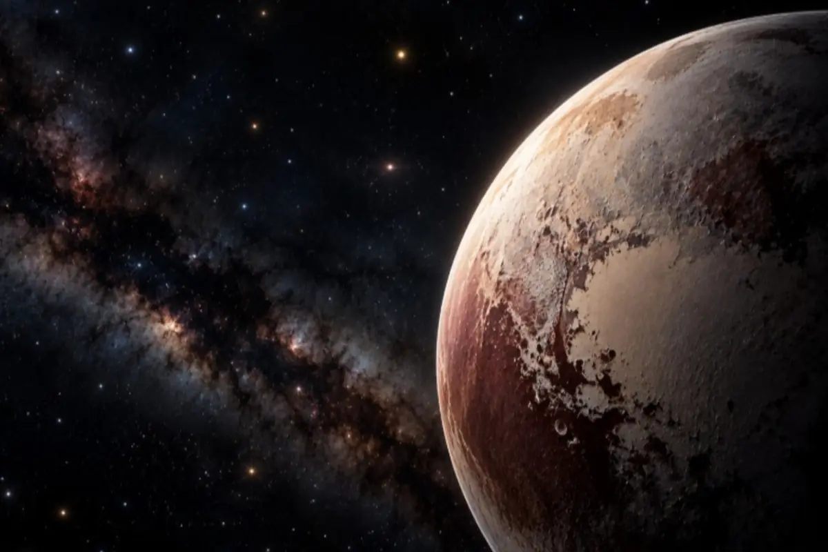 Planeta en primer plano con superficie marrón y helada frente a un cielo lleno de estrellas y una franja luminosa de la Vía Láctea Planeta en primer plano con superficie marrón y helada frente a un cielo lleno de estrellas y una franja luminosa de la Vía Láctea