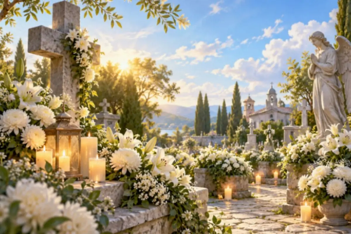Cementerio iluminado al atardecer con velas encendidas flores blancas y estatuas de ángeles entre tumbas de piedra.