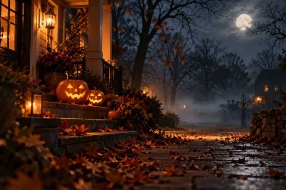 Entrada de casa decorada para Halloween con calabazas talladas iluminadas sobre los escalones, hojas de otoño en el suelo y luna llena entre árboles desnudos en una noche neblinosa. Entrada de casa decorada para Halloween con calabazas talladas iluminadas sobre los escalones, hojas de otoño en el suelo y luna llena entre árboles desnudos en una noche neblinosa.