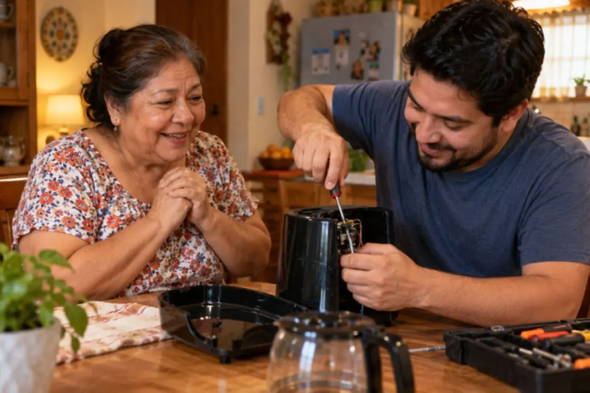 Hombre joven repara una cafetera con un destornillador mientras una mujer mayor lo observa sonriente en la cocina. Hombre joven repara una cafetera con un destornillador mientras una mujer mayor lo observa sonriente en la cocina.