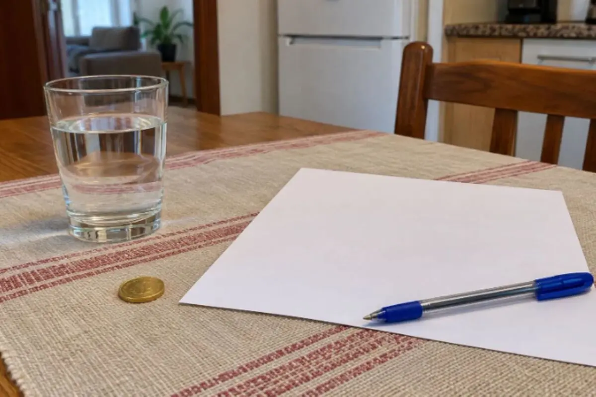 Vaso de agua moneda hoja de papel en blanco y bolígrafo azul sobre un mantel en una mesa de cocina. Vaso de agua moneda hoja de papel en blanco y bolígrafo azul sobre un mantel en una mesa de cocina.