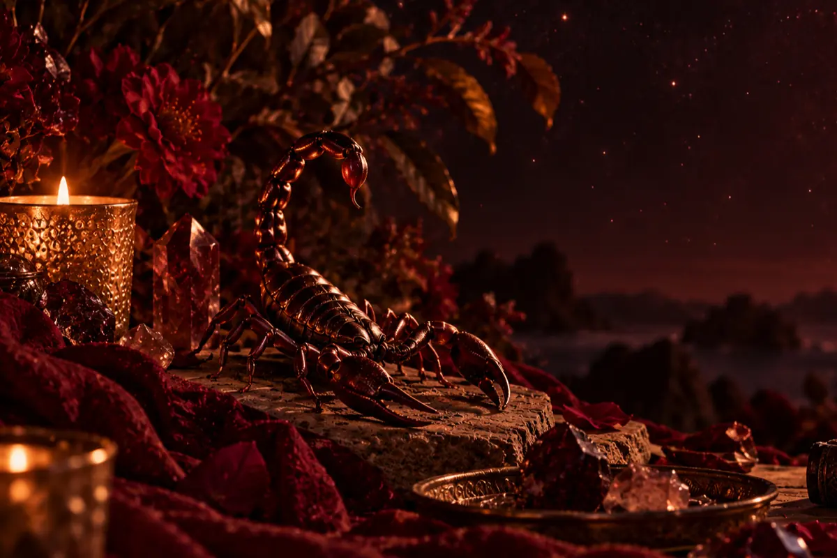Escorpión metálico brillante sobre una roca rodeado de velas encendidas telas rojas cristales y flores oscuras en un ambiente nocturno místico