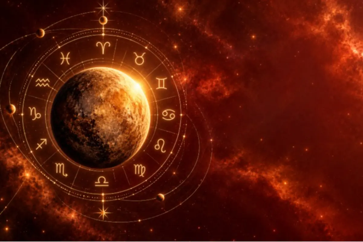 Planeta rodeado por círculo de símbolos del zodiaco sobre un fondo espacial rojo brillante Planeta rodeado por círculo de símbolos del zodiaco sobre un fondo espacial rojo brillante