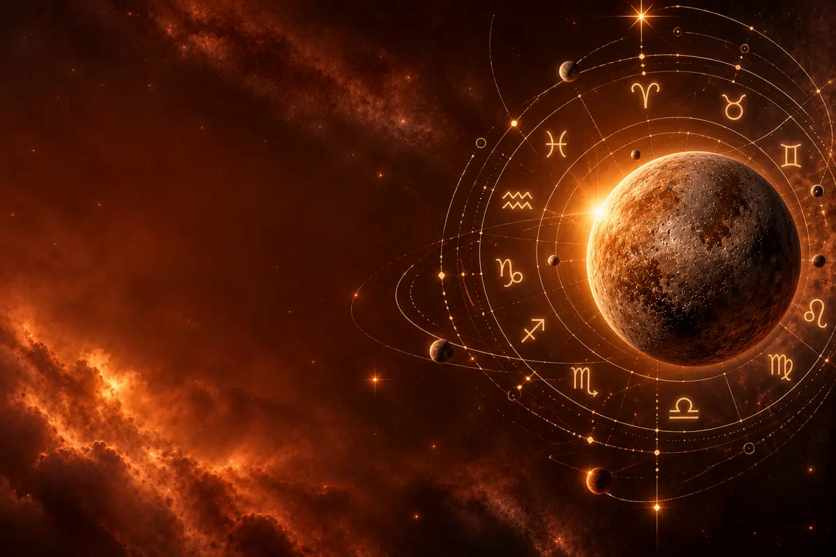 Planeta brillante en el espacio rodeado de símbolos del zodiaco y órbitas doradas sobre un fondo de nebulosas anaranjadas Planeta brillante en el espacio rodeado de símbolos del zodiaco y órbitas doradas sobre un fondo de nebulosas anaranjadas