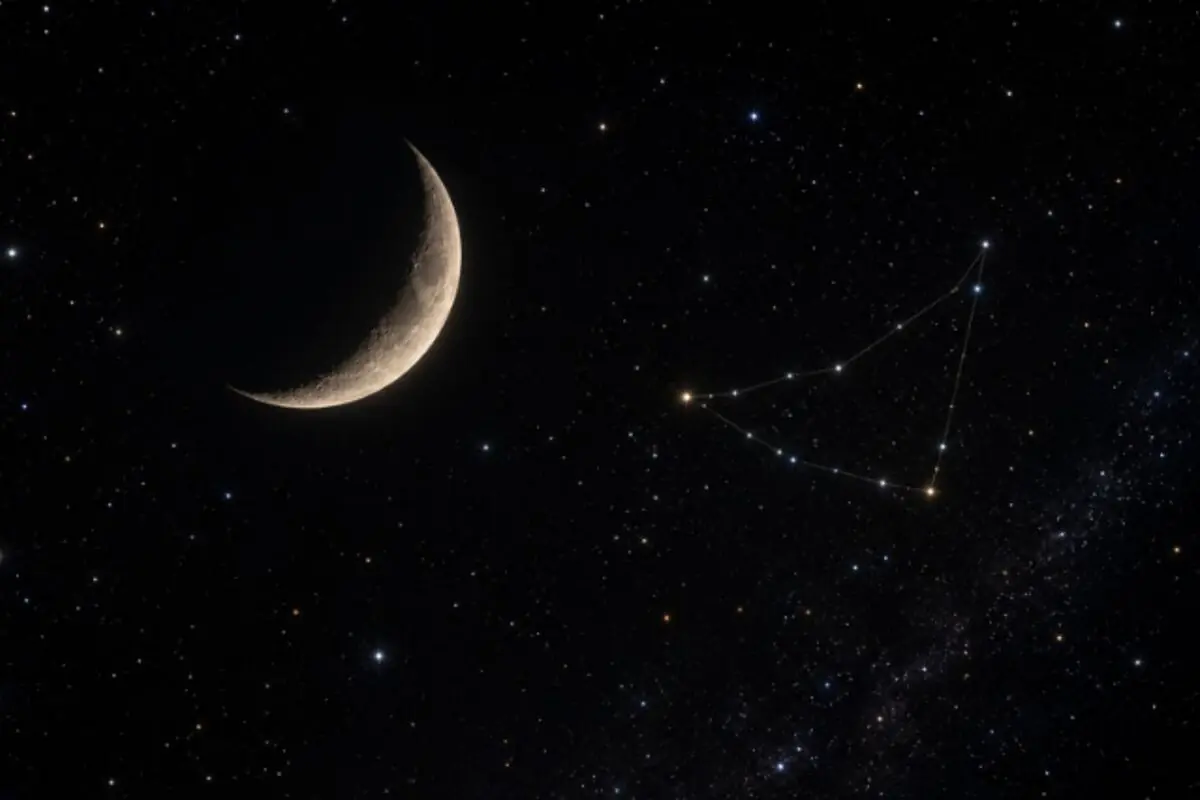 Luna creciente en un cielo nocturno estrellado junto a una constelación resaltada con líneas blancas. Luna creciente en un cielo nocturno estrellado junto a una constelación resaltada con líneas blancas.