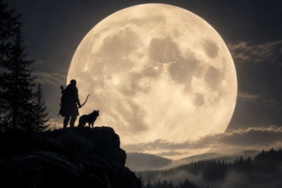 Cazador con arco y perro en un risco boscoso frente a una enorme luna llena iluminando el paisaje nocturno. Cazador con arco y perro en un risco boscoso frente a una enorme luna llena iluminando el paisaje nocturno.