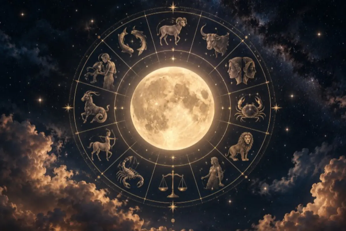 Ilustración de la luna llena en el centro de una rueda zodiacal dorada con los doce signos del zodiaco sobre un cielo estrellado y nubes iluminadas Ilustración de la luna llena en el centro de una rueda zodiacal dorada con los doce signos del zodiaco sobre un cielo estrellado y nubes iluminadas