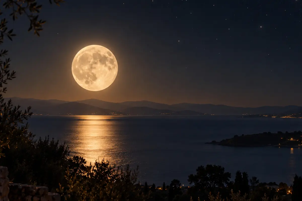 Luna llena brillante sobre el mar con su reflejo dorado en el agua y montañas oscuras en el horizonte nocturno Luna llena brillante sobre el mar con su reflejo dorado en el agua y montañas oscuras en el horizonte nocturno