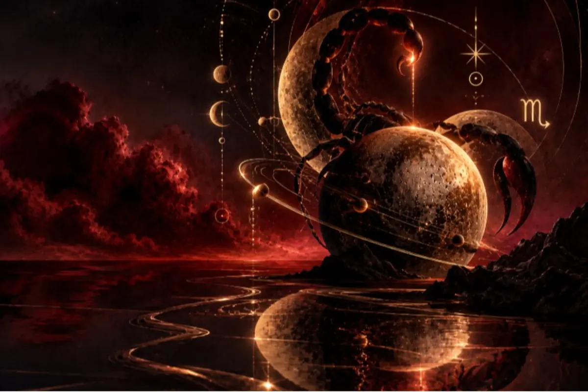 Escena cósmica oscura con un enorme escorpión formado por planetas y órbitas doradas reflejándose sobre un mar rojo bajo un cielo lleno de nubes y símbolos zodiacales de Escorpio Escena cósmica oscura con un enorme escorpión formado por planetas y órbitas doradas reflejándose sobre un mar rojo bajo un cielo lleno de nubes y símbolos zodiacales de Escorpio