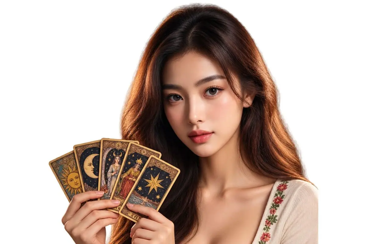 Mujer joven de cabello largo sosteniendo varias cartas del tarot ilustradas con símbolos del sol la luna y las estrellas sobre fondo blanco
