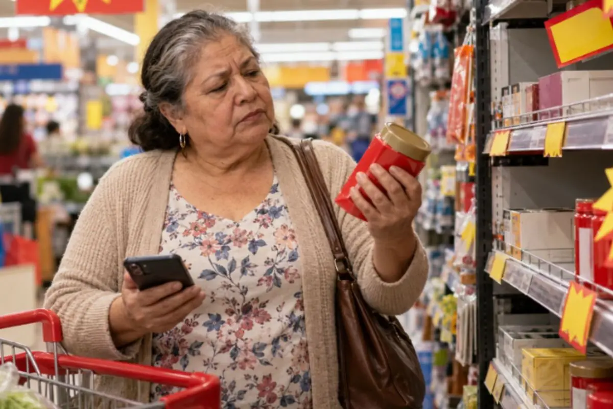 Mujer mayor en supermercado mirando la etiqueta de un producto mientras sostiene su teléfono y empuja un carrito de compras. Mujer mayor en supermercado mirando la etiqueta de un producto mientras sostiene su teléfono y empuja un carrito de compras.
