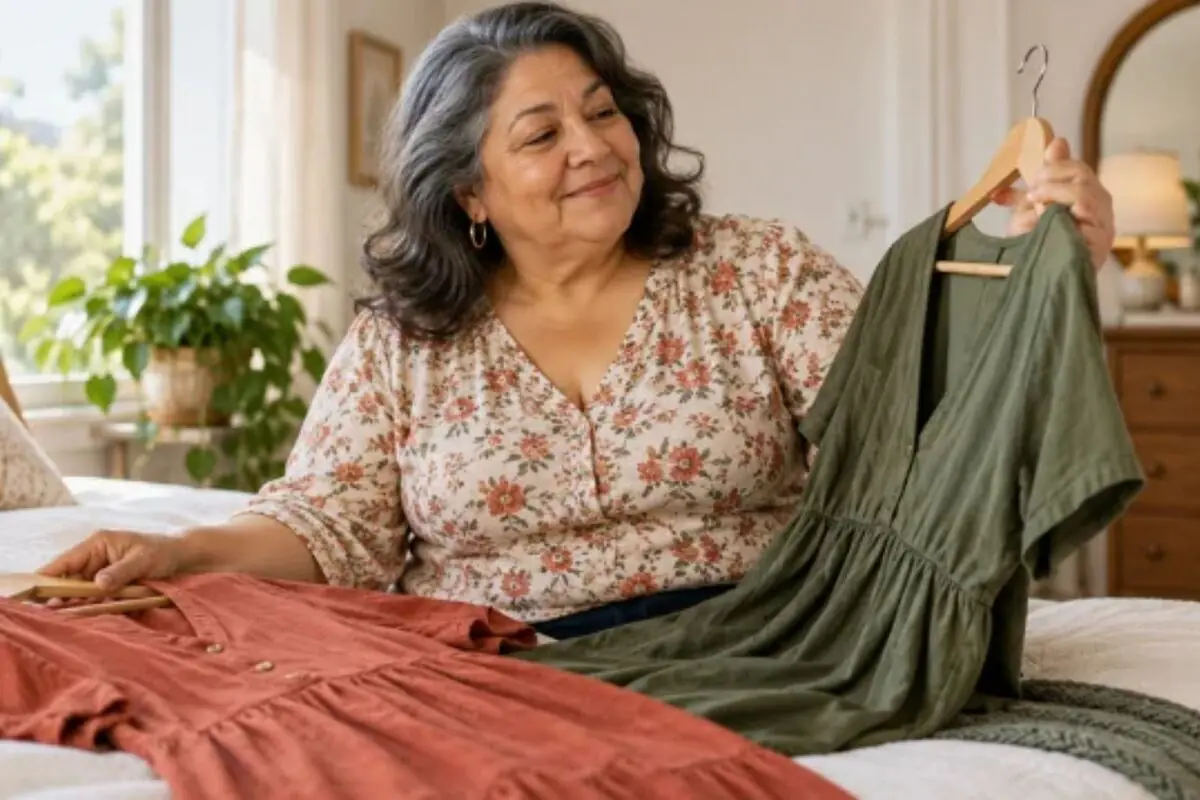 Mujer mayor sonriente sentada en la cama mientras compara dos vestidos uno verde y otro rojo en una habitación iluminada por la luz natural.