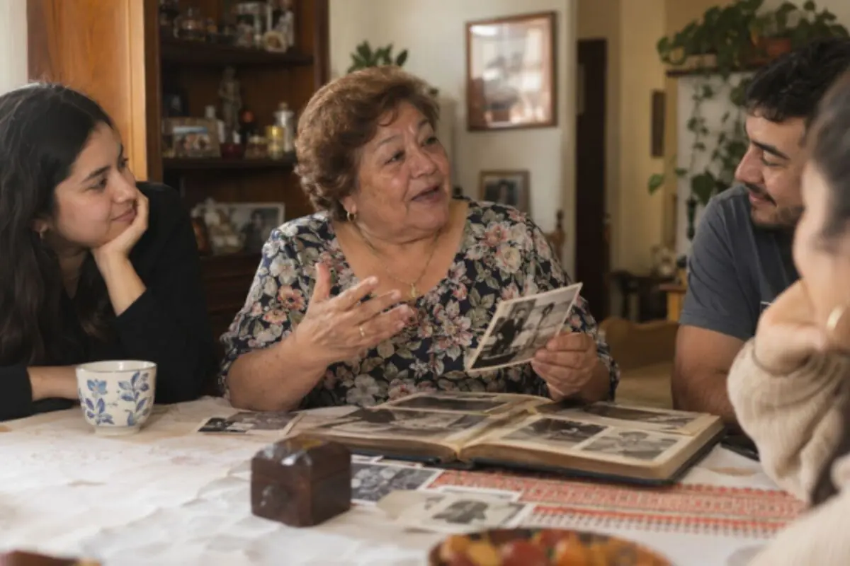 Abuela mostrando fotos antiguas en un álbum mientras conversa con su familia alrededor de la mesa. Abuela mostrando fotos antiguas en un álbum mientras conversa con su familia alrededor de la mesa.
