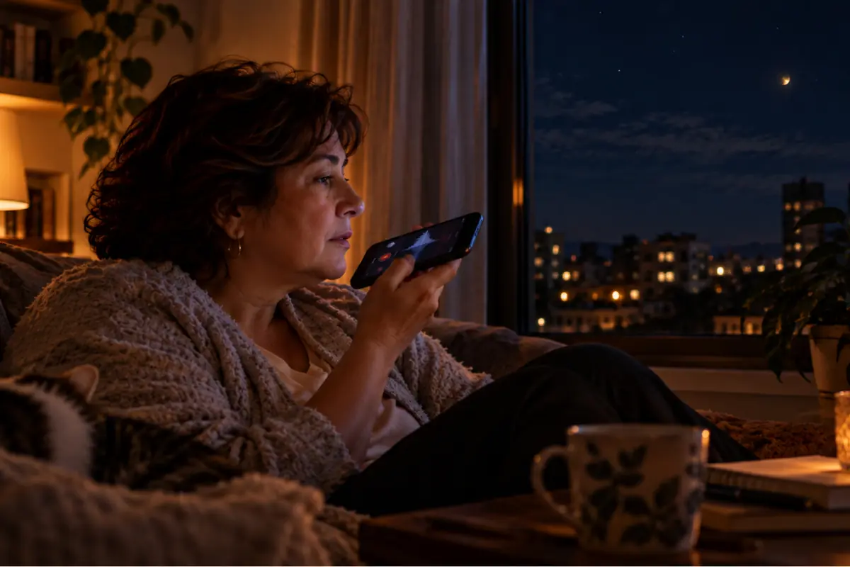 Mujer sentada en un sofá por la noche hablando por altavoz con su teléfono móvil junto a una ventana con vista a la ciudad iluminada Mujer sentada en un sofá por la noche hablando por altavoz con su teléfono móvil junto a una ventana con vista a la ciudad iluminada