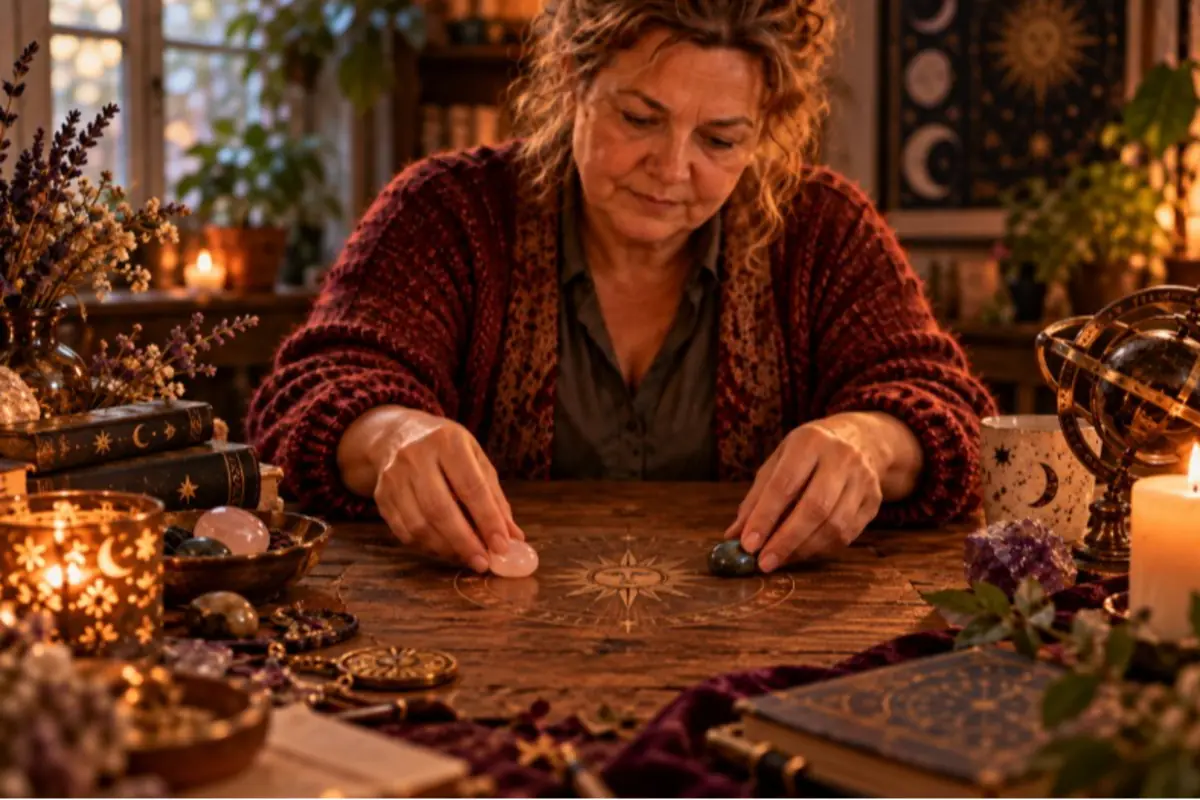 Mujer madura concentrada colocando piedras energéticas sobre una mesa con símbolos esotéricos rodeada de velas libros y objetos místicos
