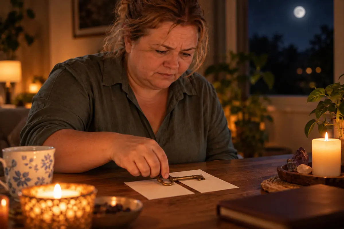 Mujer concentrada realizando un ritual con una llave antigua sobre papeles en una mesa iluminada por velas durante la noche Mujer concentrada realizando un ritual con una llave antigua sobre papeles en una mesa iluminada por velas durante la noche