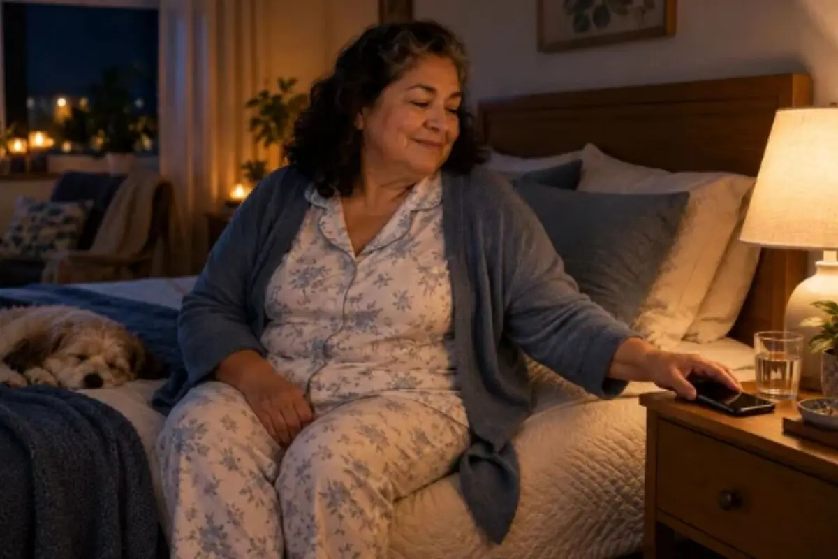 Mujer mayor en pijama sentada en la cama por la noche acariciando su teléfono en la mesita de noche mientras un perro duerme a su lado.