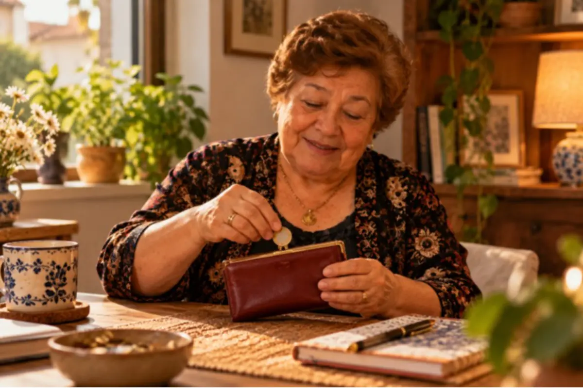 Mujer mayor sonriente guarda una moneda en su cartera marrón mientras se sienta en una mesa con taza cuaderno y plantas alrededor