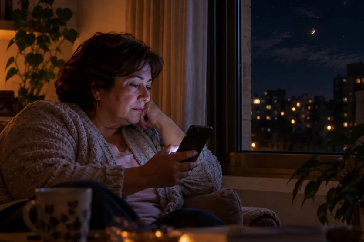 Mujer de mediana edad en bata sentada en el sofá mirando su teléfono móvil por la noche junto a una ventana con la ciudad iluminada y la luna creciente de fondo Mujer de mediana edad en bata sentada en el sofá mirando su teléfono móvil por la noche junto a una ventana con la ciudad iluminada y la luna creciente de fondo
