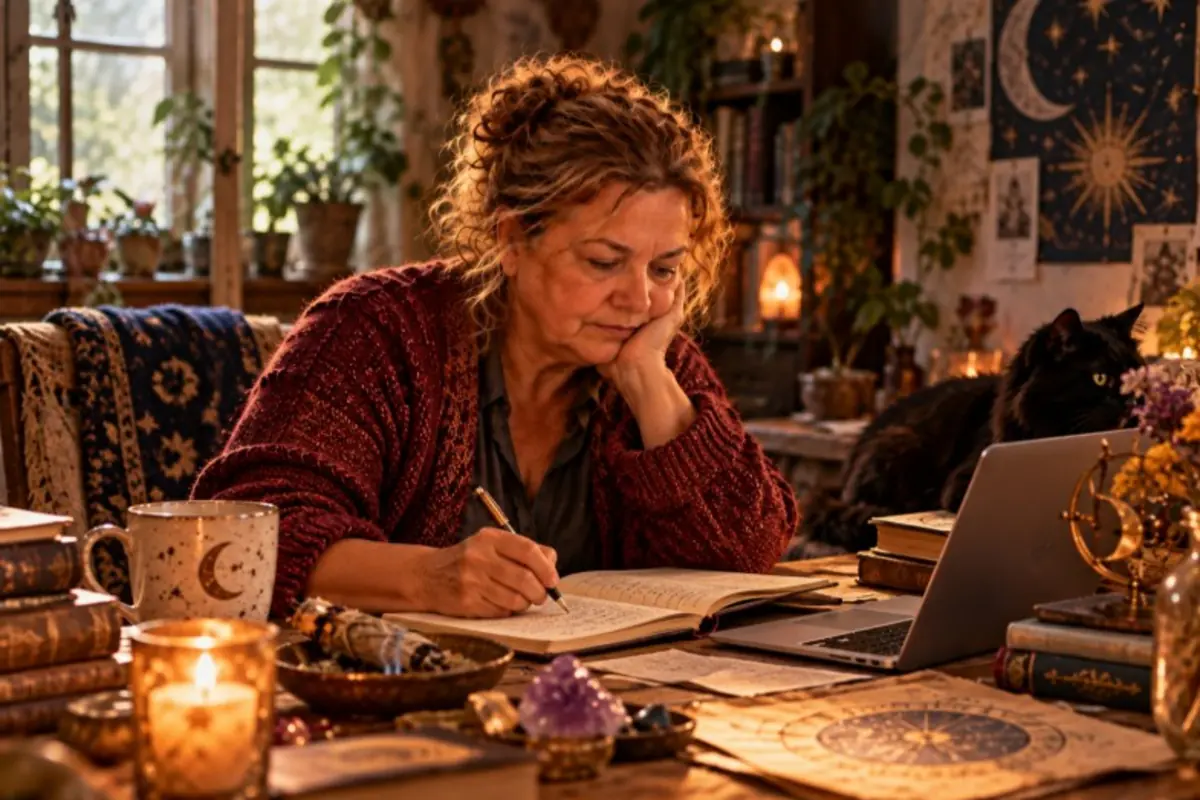 Mujer madura escribiendo en un cuaderno frente a una laptop en una mesa llena de libros velas cristales y cartas astrológicas en una habitación acogedora con decoración esotérica y un gato negro a su lado