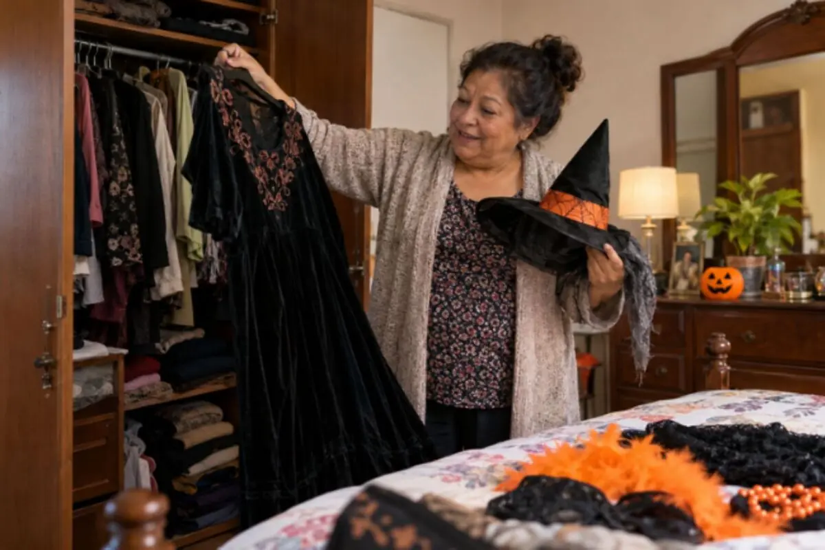 Mujer mayor sonriente en su habitación eligiendo un disfraz de bruja con vestido negro y sombrero puntiagudo mientras prepara accesorios de Halloween sobre la cama. Mujer mayor sonriente en su habitación eligiendo un disfraz de bruja con vestido negro y sombrero puntiagudo mientras prepara accesorios de Halloween sobre la cama.