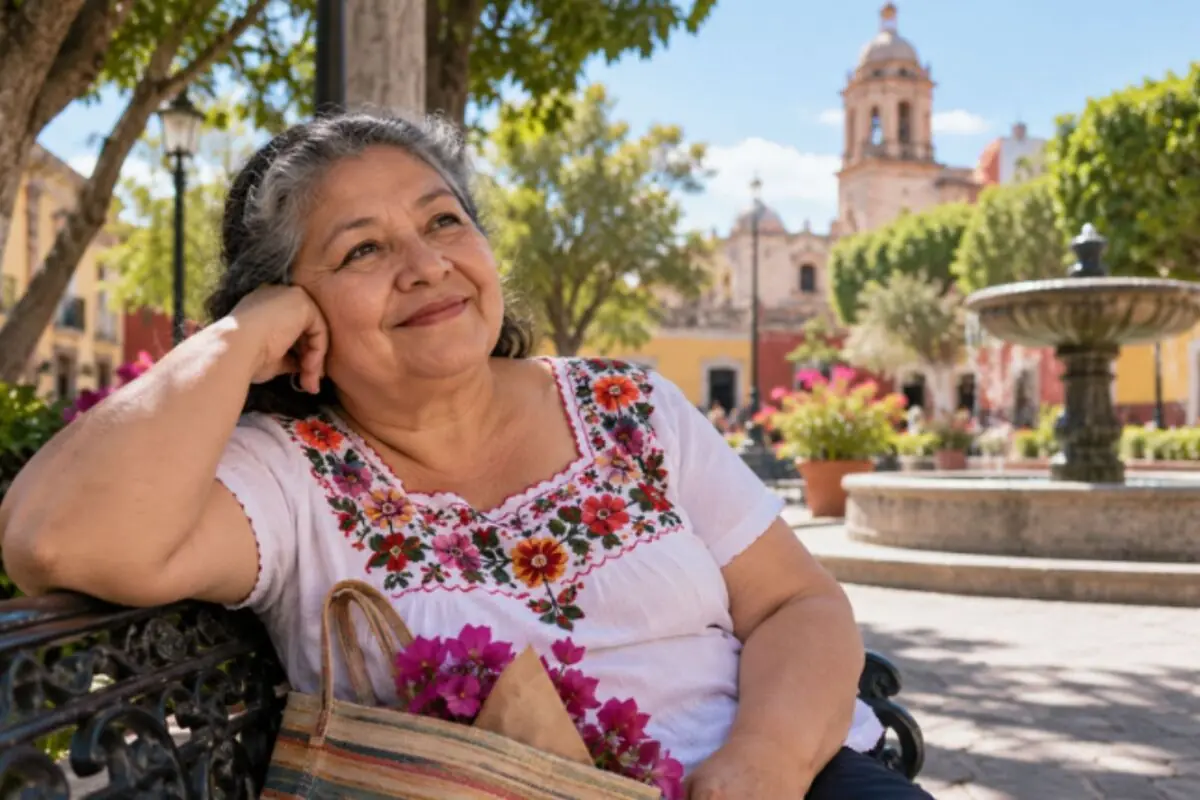 Mujer mayor con blusa bordada de flores sentada en una banca de plaza soleada con fuente y edificios coloniales al fondo. Mujer mayor con blusa bordada de flores sentada en una banca de plaza soleada con fuente y edificios coloniales al fondo.