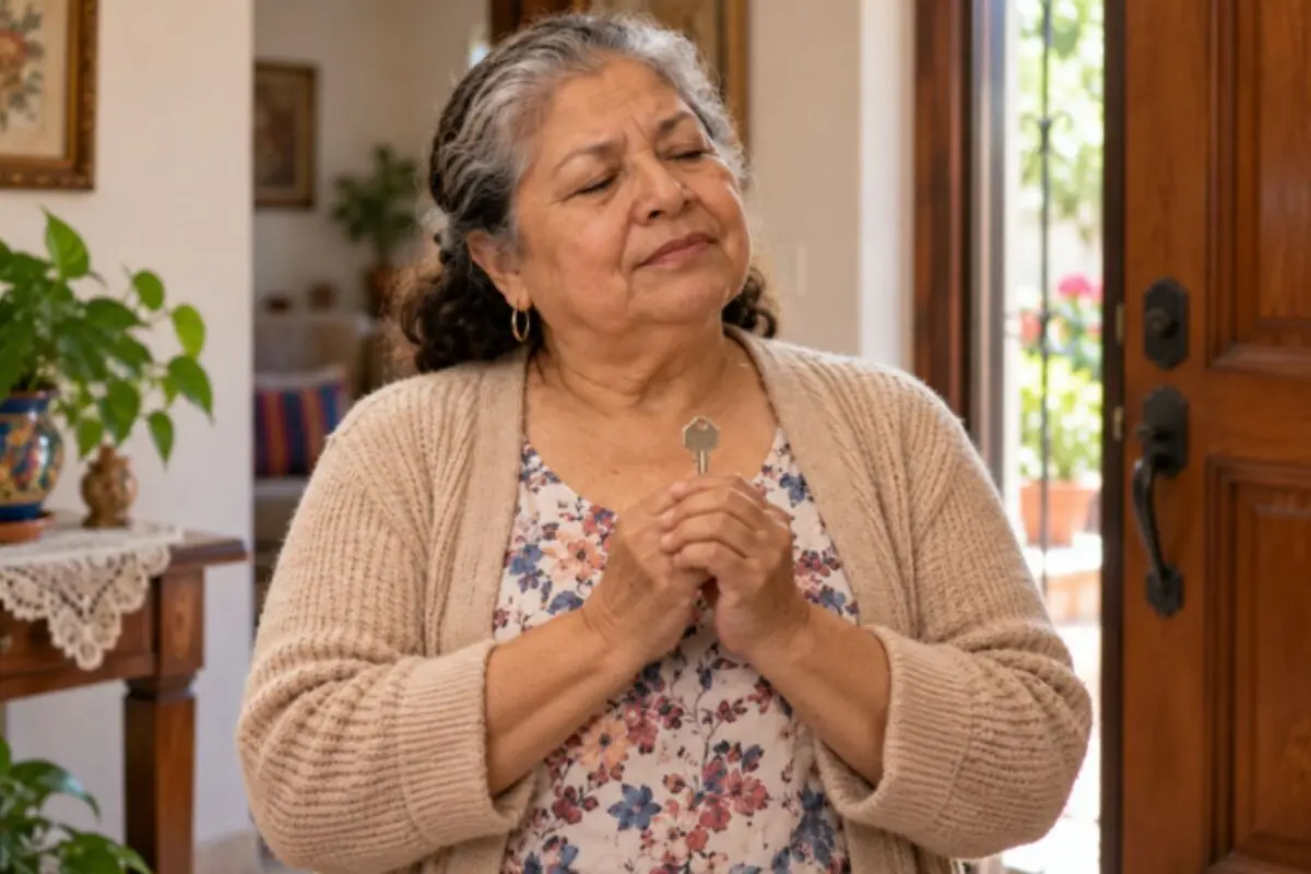 Mujer mayor de pie en la entrada de su casa sosteniendo una llave con expresión de satisfacción. Mujer mayor de pie en la entrada de su casa sosteniendo una llave con expresión de satisfacción.