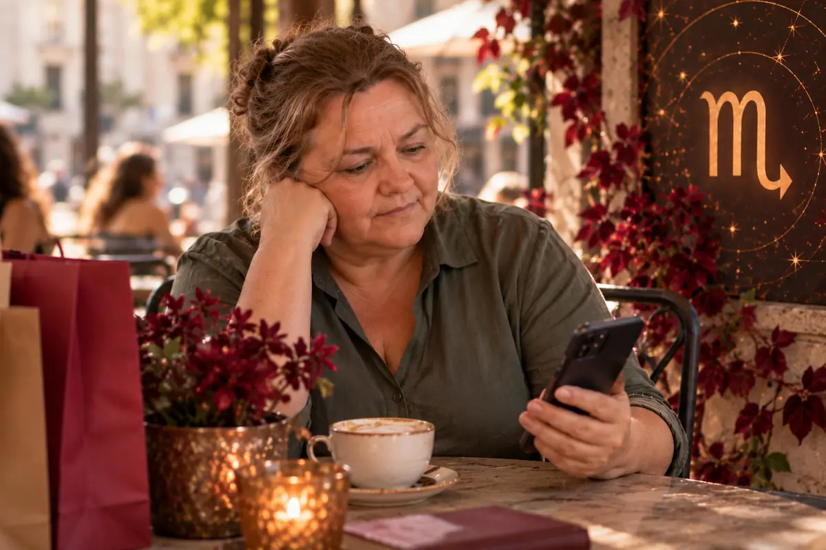 Mujer de mediana edad pensativa en una terraza de café mirando su teléfono móvil junto a una taza de café velas flores rojas y un cartel con el símbolo zodiacal de Escorpio