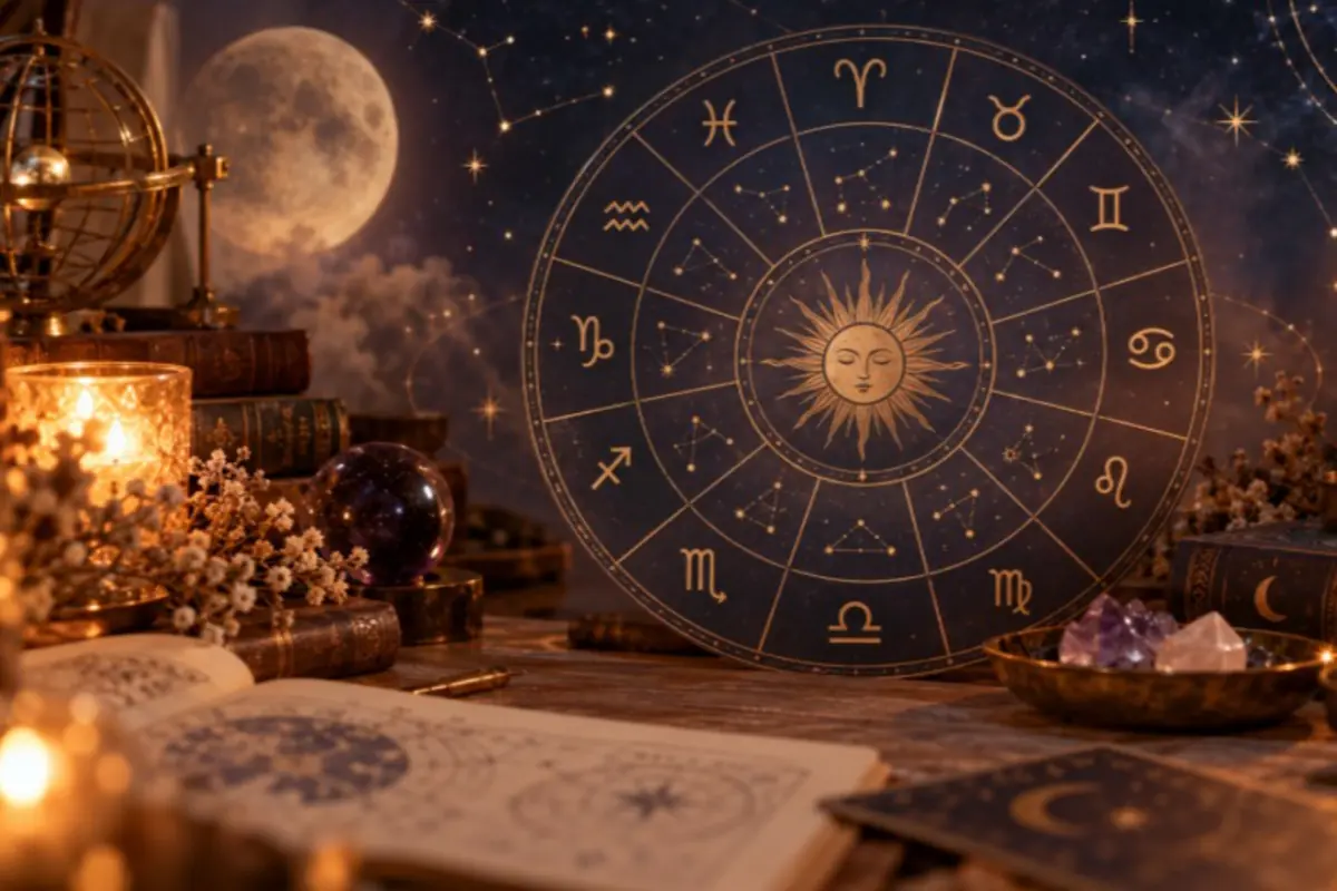 Mesa esotérica con carta astral y signos del zodiaco en tonos dorados rodeada de velas libros antiguos cristales y una luna llena al fondo