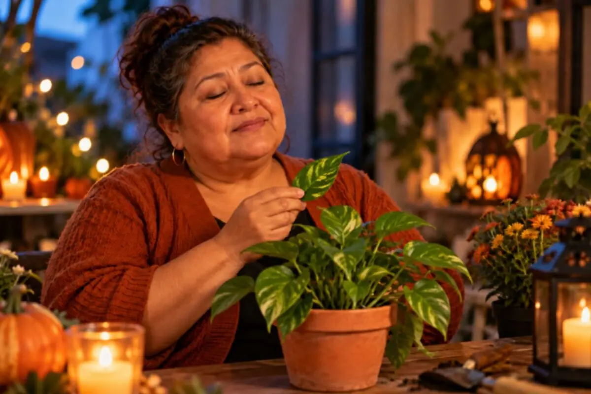 Mujer de mediana edad sonriente acariciando una planta en maceta rodeada de velas encendidas y decoración acogedora.