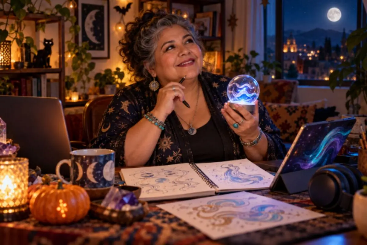 Mujer madura sonriente en un estudio esotérico nocturno sosteniendo una esfera luminosa mientras dibuja diseños místicos sobre una mesa llena de velas calabaza cristales y dispositivos electrónicos con la luna llena visible por la ventana.