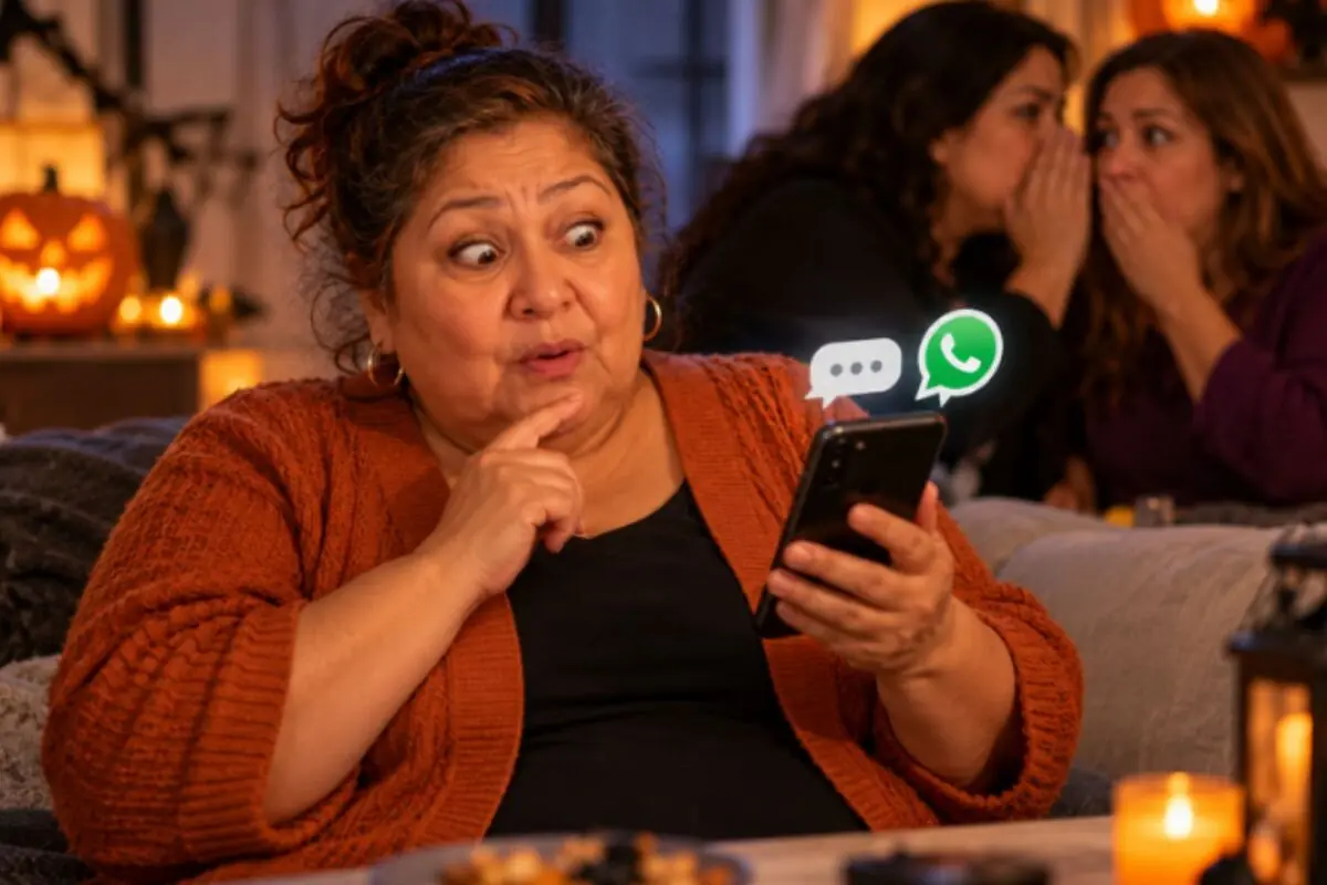 Mujer mayor en un sillón leyendo sorprendida un mensaje de WhatsApp en su celular mientras dos personas susurran detrás en una sala decorada con calabazas de Halloween.