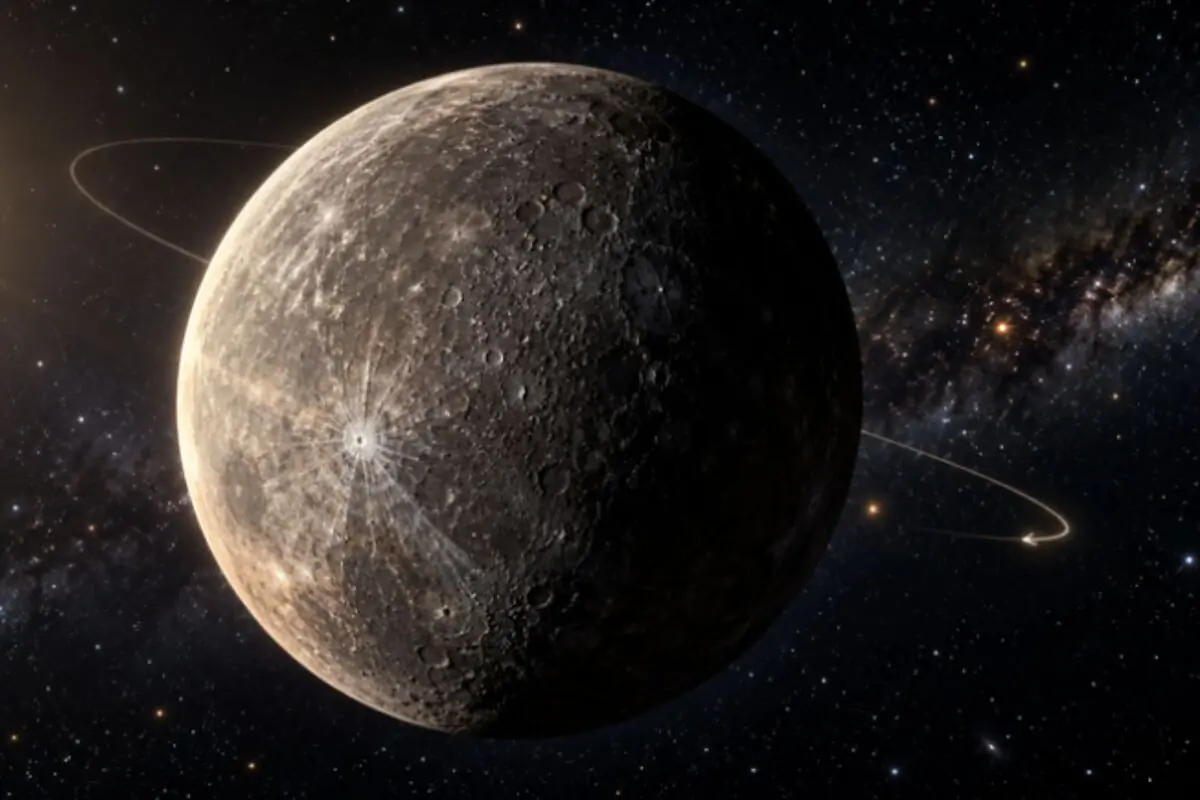 Ilustración de un planeta rocoso y lleno de cráteres en el espacio con el Sol y la Vía Láctea al fondo. Ilustración de un planeta rocoso y lleno de cráteres en el espacio con el Sol y la Vía Láctea al fondo.