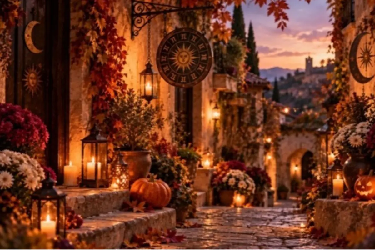Callejón empedrado al atardecer decorado con calabazas velas flores otoñales y faroles de luz cálida frente a casas rústicas Callejón empedrado al atardecer decorado con calabazas velas flores otoñales y faroles de luz cálida frente a casas rústicas