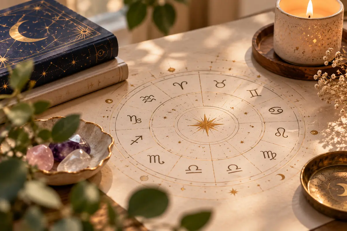 Mesa espiritual con carta astral dorada rodeada de libro místico velas encendidas cristales y detalles decorativos