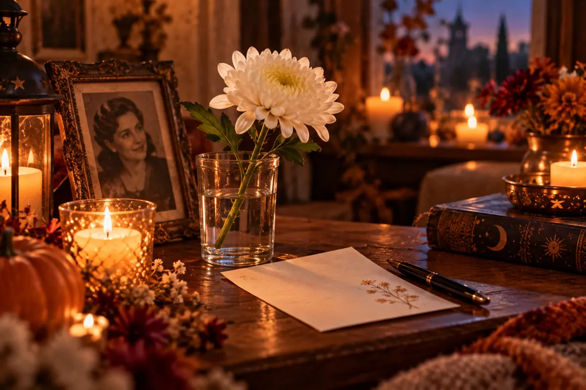Mesa acogedora al atardecer con una flor blanca en un vaso de agua, velas encendidas, una fotografía antigua enmarcada, un libro con motivos celestiales y una carta a medio escribir con una pluma Mesa acogedora al atardecer con una flor blanca en un vaso de agua, velas encendidas, una fotografía antigua enmarcada, un libro con motivos celestiales y una carta a medio escribir con una pluma