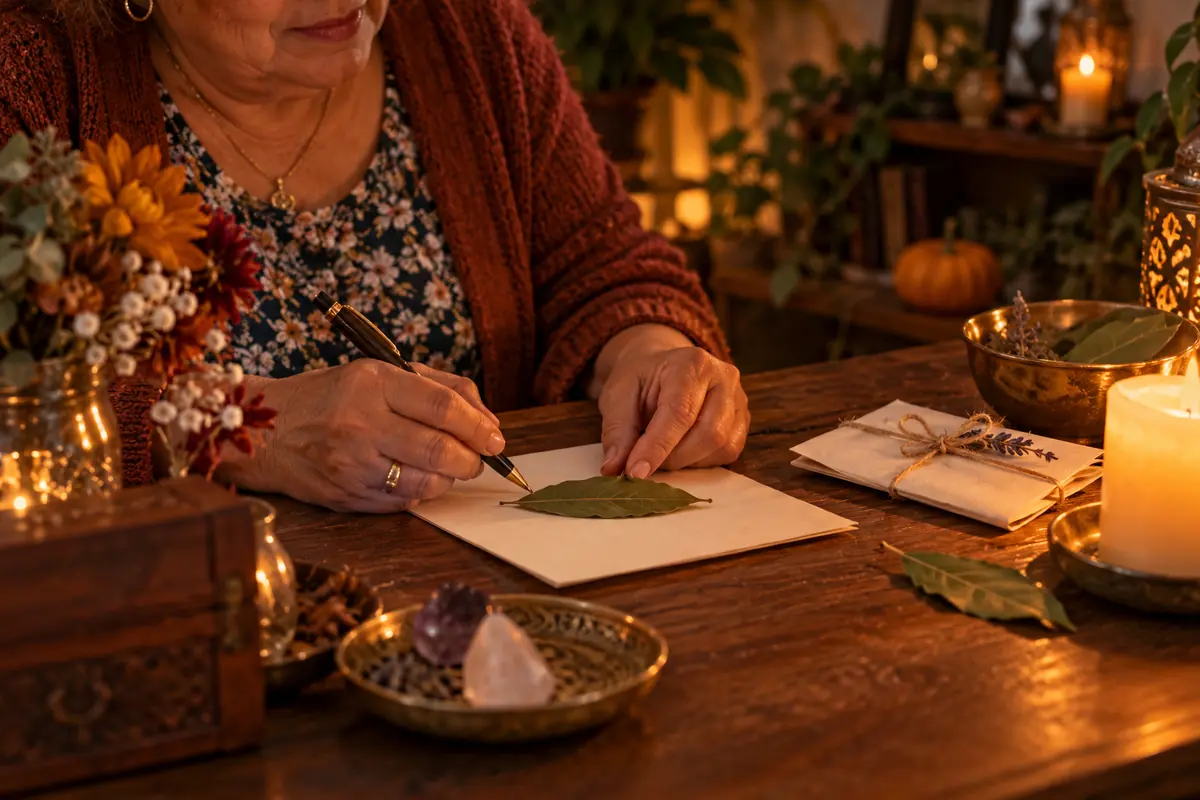 Mujer mayor sentada a la luz de las velas escribiendo sobre una hoja verde colocada en papel en una mesa de madera decorada con flores secas cristales y sobres atados con cuerda