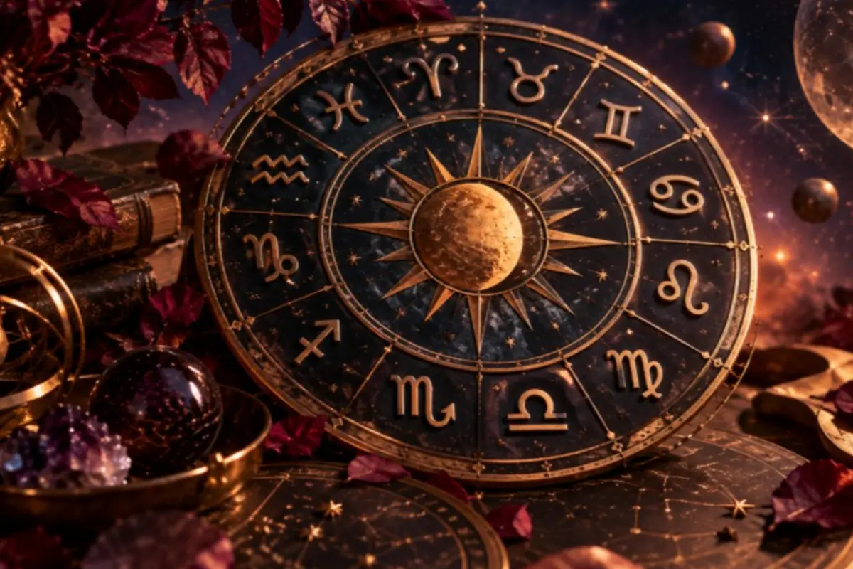 Rueda dorada del zodíaco con símbolos astrológicos alrededor de un sol y luna en un fondo de cielo estrellado y libros antiguos Rueda dorada del zodíaco con símbolos astrológicos alrededor de un sol y luna en un fondo de cielo estrellado y libros antiguos