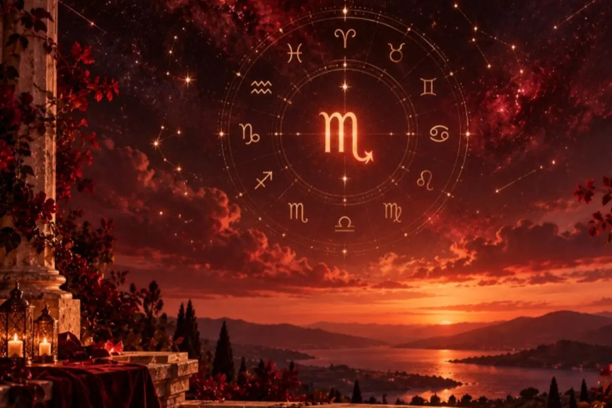 Cielo al atardecer con círculo de signos del zodiaco resaltando a Escorpio sobre un paisaje de lago y montañas con velas encendidas en primer plano