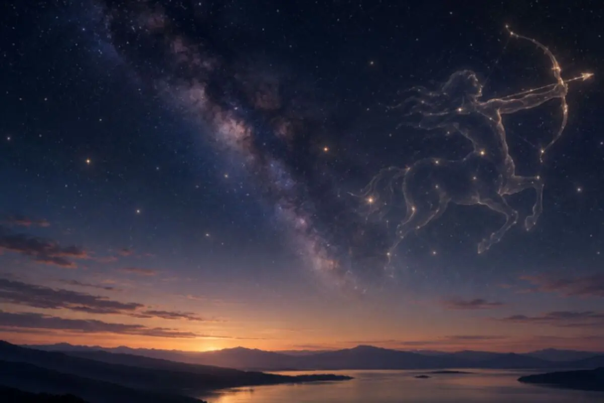 Cielo nocturno con la Vía Láctea sobre un paisaje costero al atardecer y la silueta luminosa de un centauro arquero formada por estrellas.