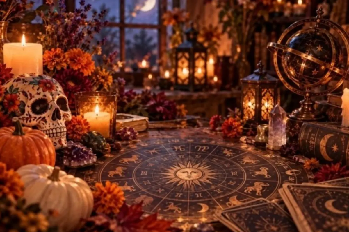 Mesa esotérica iluminada por velas con tapete zodiacal calavera decorada calabazas flores otoñales cristales y un globo celeste en un ambiente místico nocturno Mesa esotérica iluminada por velas con tapete zodiacal calavera decorada calabazas flores otoñales cristales y un globo celeste en un ambiente místico nocturno