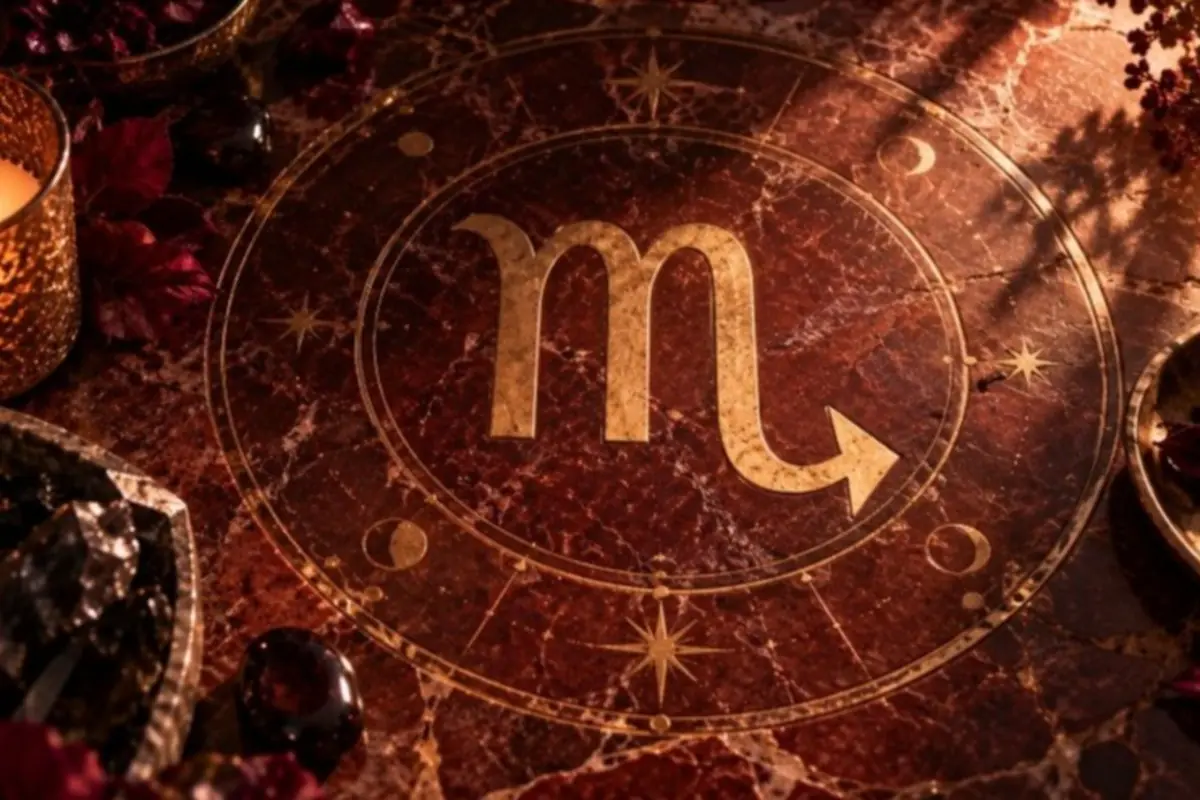Símbolo dorado de Escorpio sobre fondo marmolado marrón con detalles astrológicos y velas alrededor