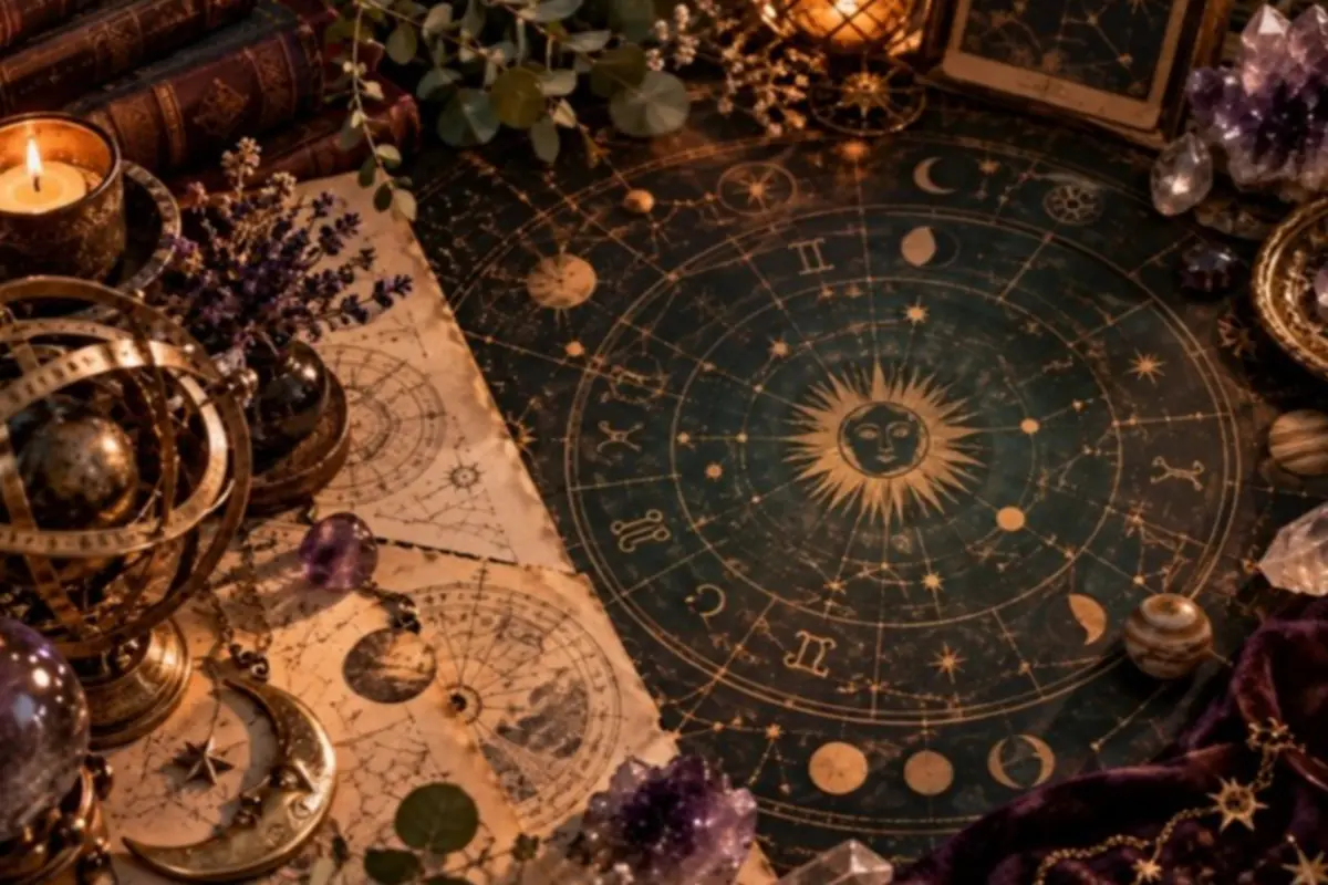 Mesa esotérica con carta astral vintage rodeada de cristales libros antiguos instrumentos astronómicos y velas