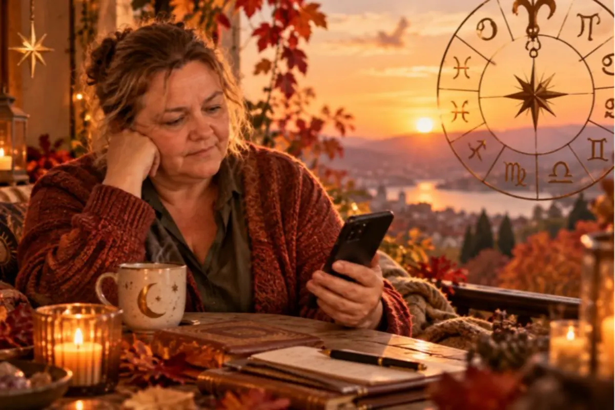 Mujer mayor con suéter tejido usando el móvil en una mesa con velas, tazas y cuadernos de aspecto esotérico mientras atardece con hojas otoñales y un círculo zodiacal al fondo Mujer mayor con suéter tejido usando el móvil en una mesa con velas, tazas y cuadernos de aspecto esotérico mientras atardece con hojas otoñales y un círculo zodiacal al fondo