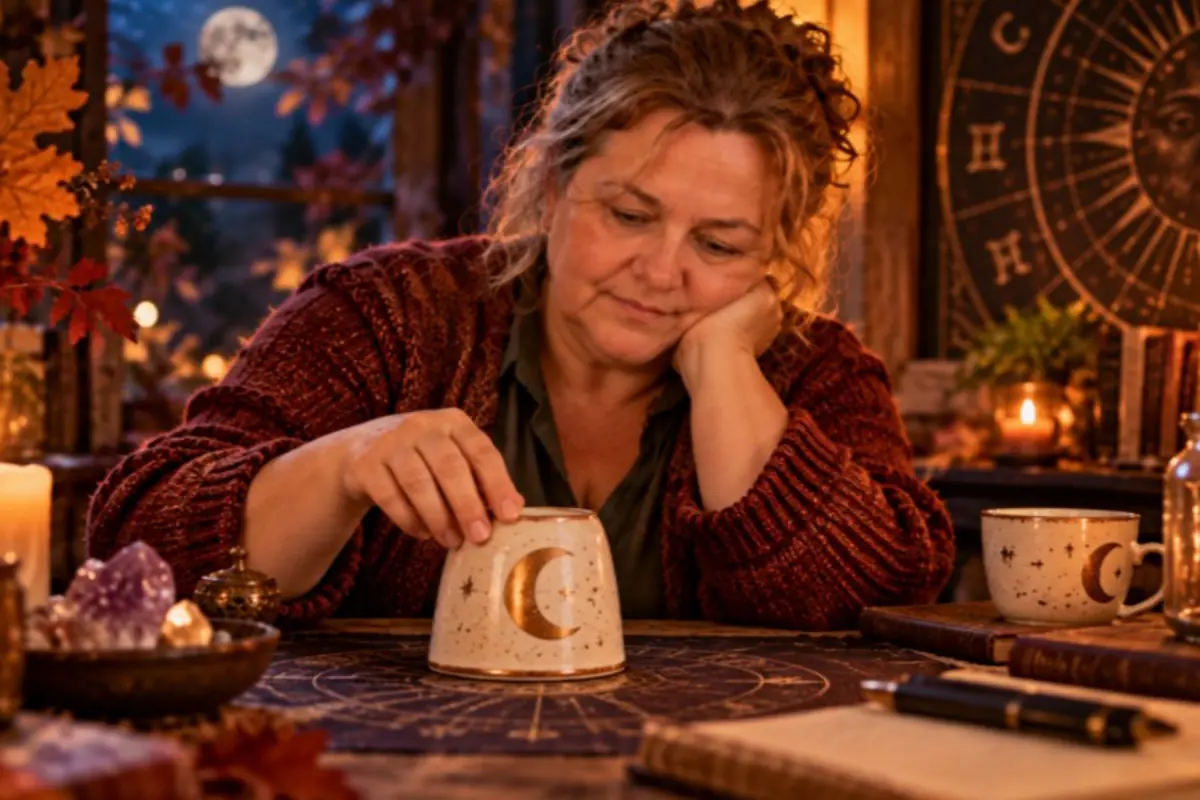 Mujer madura con suéter rojo practicando adivinación sobre una mesa con símbolos astrológicos velas y cristales en una habitación cálida iluminada por la luna llena al fondo Mujer madura con suéter rojo practicando adivinación sobre una mesa con símbolos astrológicos velas y cristales en una habitación cálida iluminada por la luna llena al fondo
