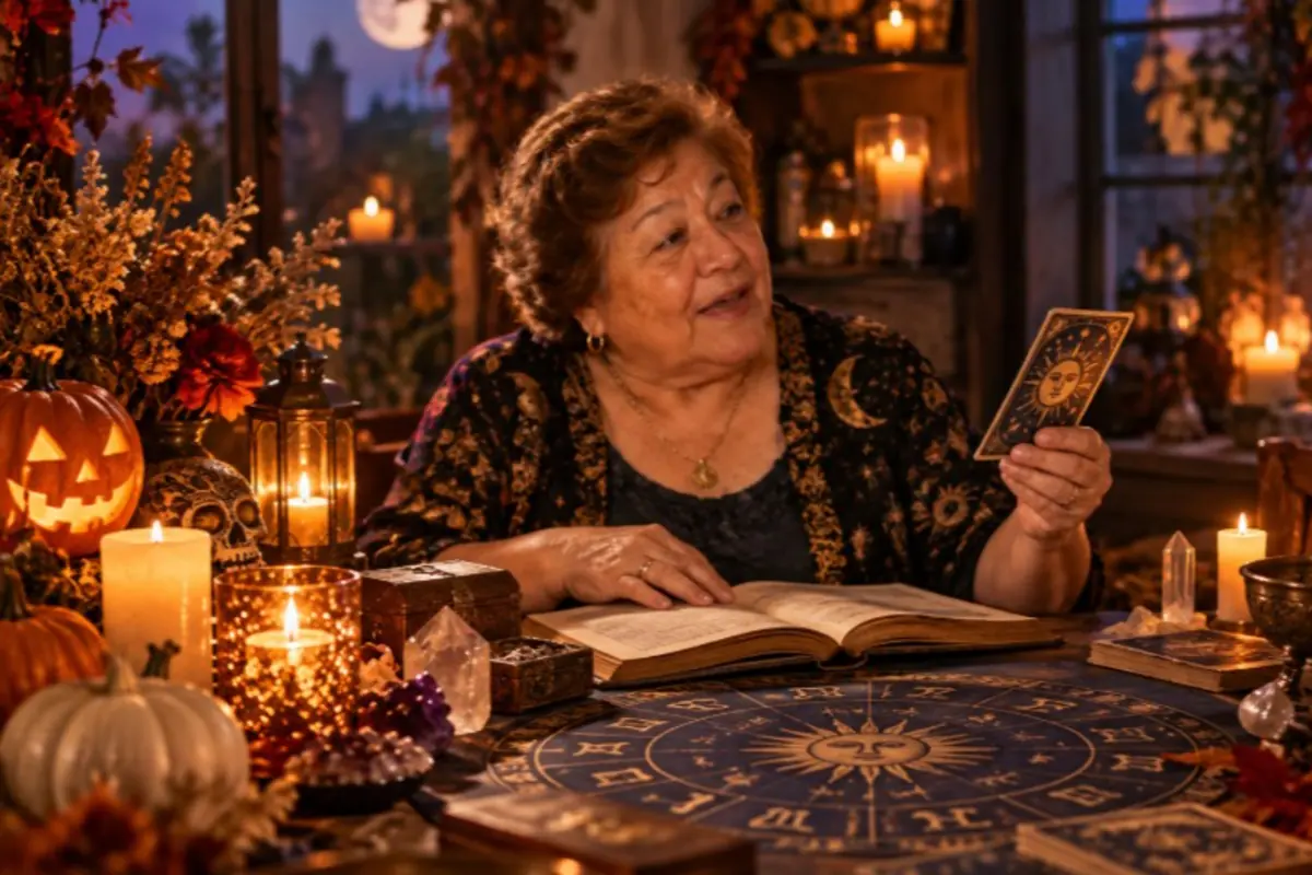 Mujer mayor sonriente leyendo cartas del tarot en una mesa circular con símbolos astrológicos rodeada de velas calabazas y decoración mística de Halloween Mujer mayor sonriente leyendo cartas del tarot en una mesa circular con símbolos astrológicos rodeada de velas calabazas y decoración mística de Halloween