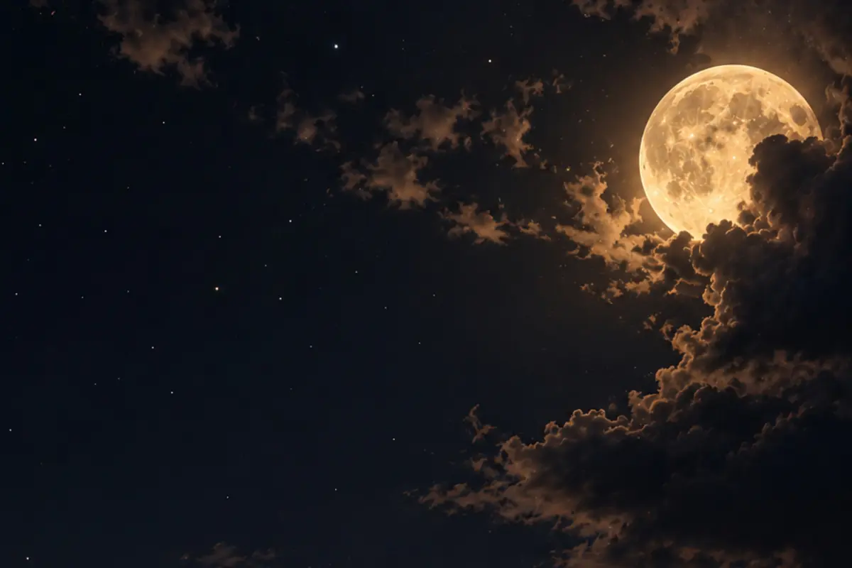 Luna llena brillante entre nubes oscuras en un cielo nocturno estrellado Luna llena brillante entre nubes oscuras en un cielo nocturno estrellado