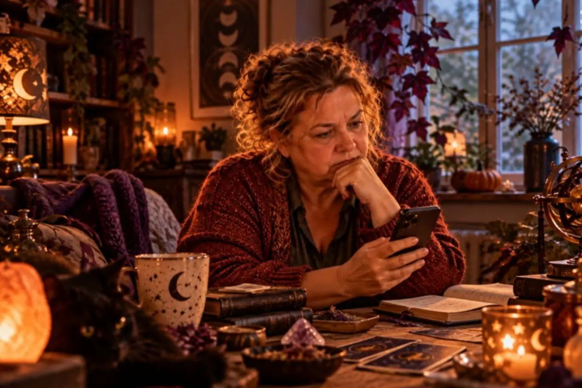 Mujer madura en una habitación acogedora de estilo místico mirando pensativa su teléfono móvil rodeada de velas cartas del tarot cristales libros y un gato negro sobre la mesa