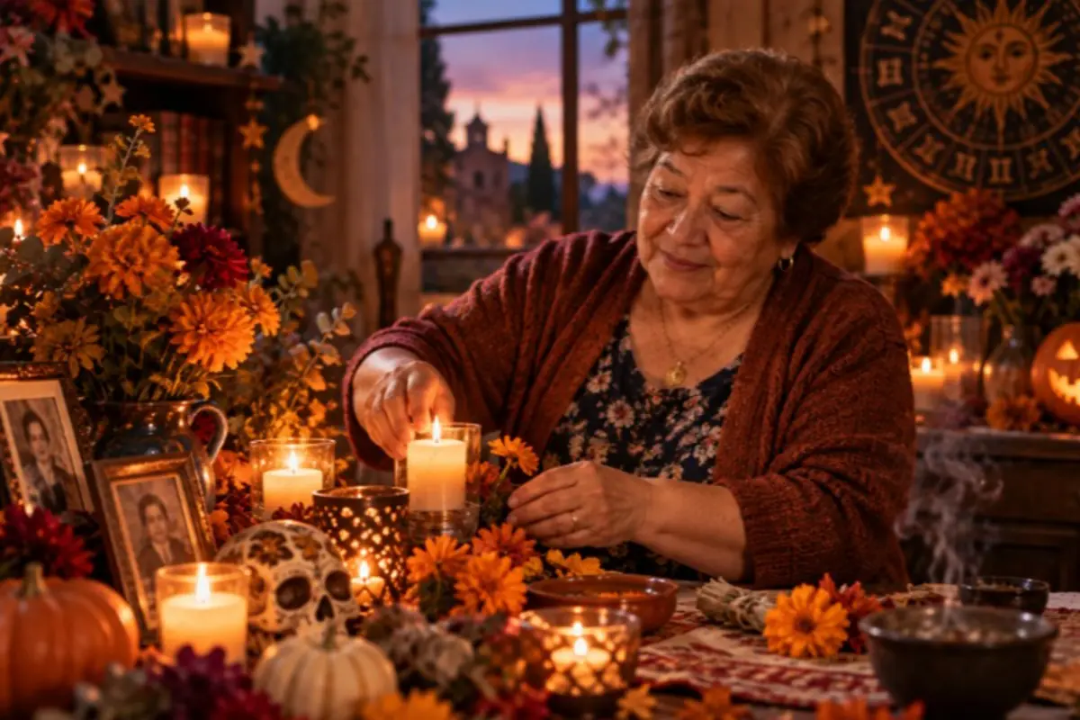 Mujer mayor armando un altar de Día de Muertos con velas flores de cempasúchil fotografías y calaveras de decoración en una habitación cálida al atardecer Mujer mayor armando un altar de Día de Muertos con velas flores de cempasúchil fotografías y calaveras de decoración en una habitación cálida al atardecer