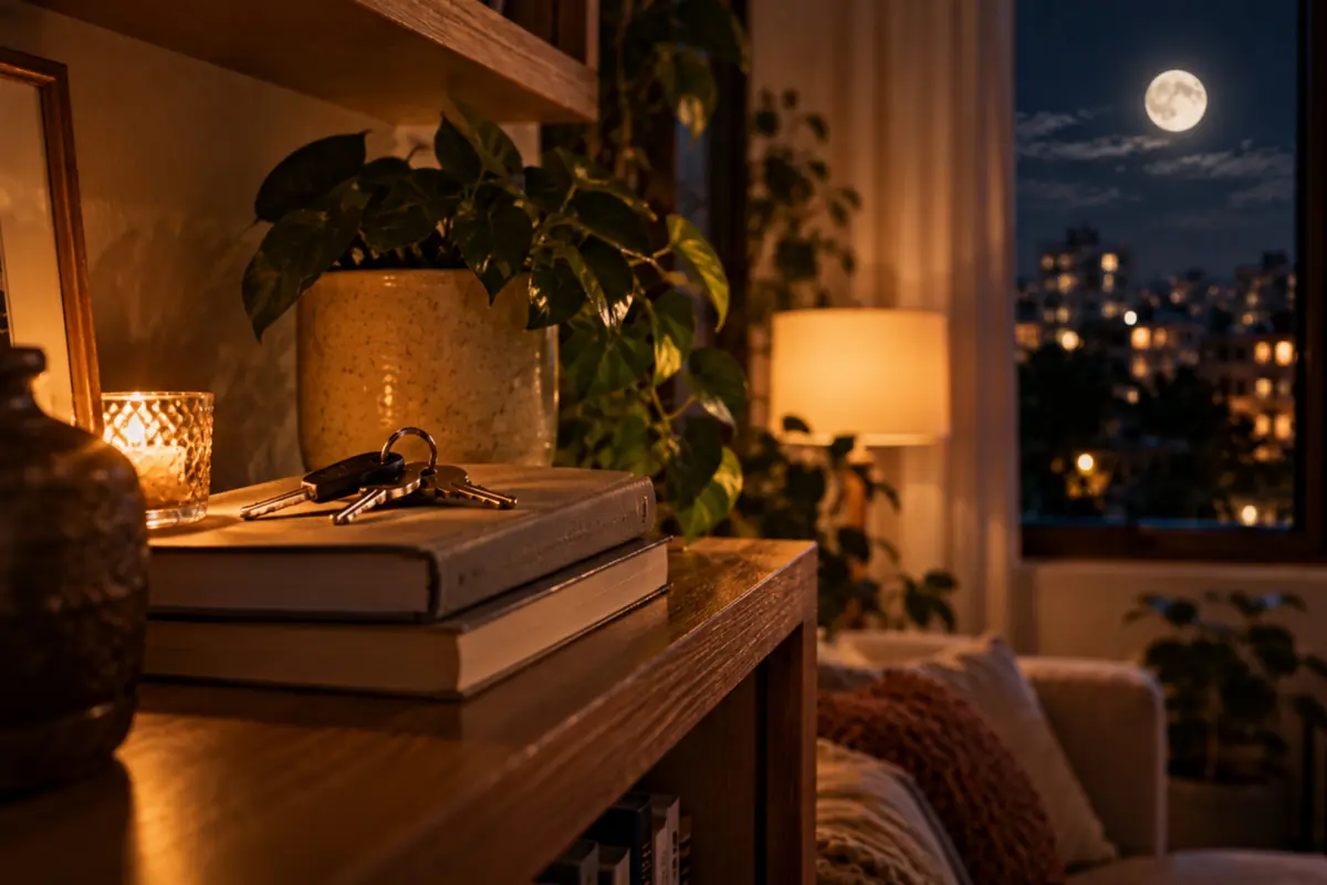Sala de estar acogedora de noche con llaves sobre libros en una repisa iluminada por una vela y una lámpara junto a una ventana desde la que se ve la ciudad y una luna llena brillante Sala de estar acogedora de noche con llaves sobre libros en una repisa iluminada por una vela y una lámpara junto a una ventana desde la que se ve la ciudad y una luna llena brillante
